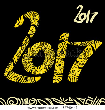 New Year 2017 hand drawn yellow vector doodle sign on blaack background. Happy new year greeting card with doodles. 2017 new year background.