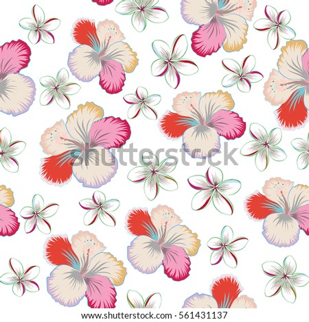 Vector hand drawn painting of hibiscus flowers in pink and beige colors. Seamless pattern on white background.