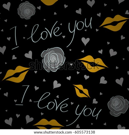 Vector seamless pattern. Valentines day hearts, love text, and flower. Hand drawn texture in yellow and gray colors on black background.