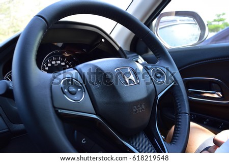 Bangkok, Thailand, April 10, 2017 : View of HONDA steering and meter. Focus on HONDA logo, Black Steering Wheel And Silver, editorial honda hrv