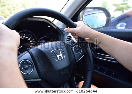 Bangkok, Thailand - April 10, 2017: Honda Black Steering Wheel And Silver Logo. Honda Motor Co., Ltd. is a Japanese public. Honda interior design for latest Honda hrv model.