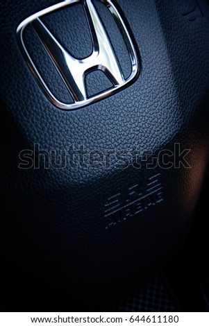 Bangkok, Thailand - May 21, 2017: Honda HRV Black Steering Wheel And Silver Logo. Honda Motor Co., Ltd. is a Japanese public. Editorial