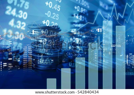 Double exposure of city, graph, stock display and money for finance and business concept