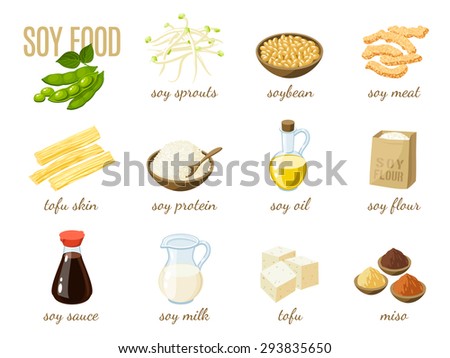 Set of cartoon soy food - soy milk, soy sauce, soy meat, tofu, miso and so. Vector illustration, isolated on white, eps 10.
