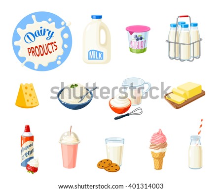 Set of cartoon food: dairy products - milk, yogurt, cheese, butter, milkshake, ice cream, whipped cream and so. Vector illustration, isolated on white.