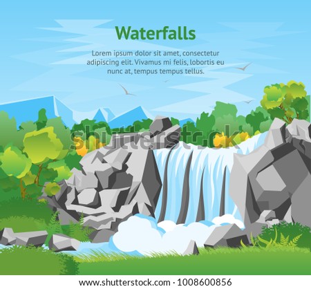 Cartoon Waterfall Landscape Background Card Poster Flat Design Nature Scene Adventure Travel Vector Illustration Cartoon Waterfall Landscape Background Card Poster Flat Design Nature Scene Adventure Travel Vector Illustration