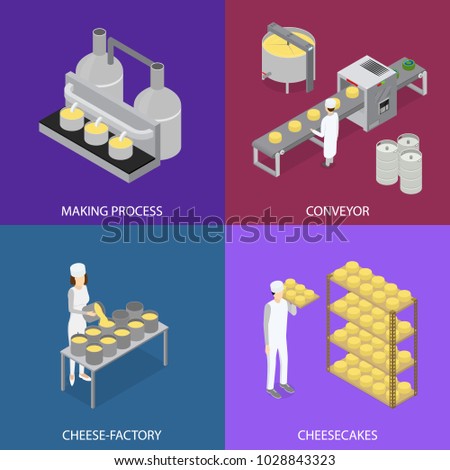 Factory Cheese Production Line Elements and Staff Banner Card Set Isometric View Technology Service Process of Cooking Dairy Product. Vector illustration of Prepare Cheese
