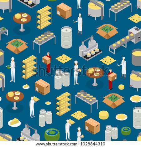 Factory Cheese Production Line Elements and Staff Seamless Pattern Background Isometric View Technology Service Process of Cooking Dairy Product. Vector illustration of Prepare Cheese