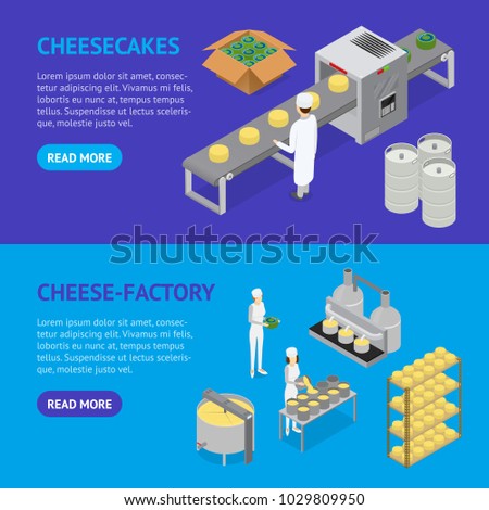 Factory Cheese Production Line Banner Horizontal Set Isometric View Technology Service Process of Cooking Dairy Product. Vector illustration of Prepare Cheese
