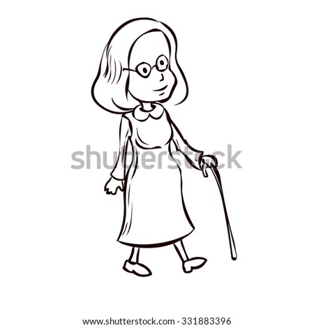 Elderly Woman Walking Cane Hand Drawn Stock Vector Shutterstock