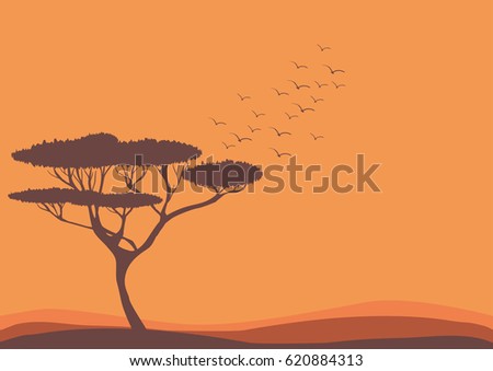 Savannah landscape, acacia tree and birds vector nature illustration