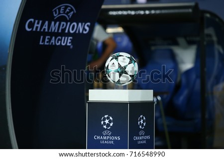 KHARKIV, UKRAINE - 13 SEPTEMBER, 2017: Adidas 2017-2018 Champions League tournament match ball. White, navy and light blue design. Official UEFA Champions League white logo on blue gradient podium.