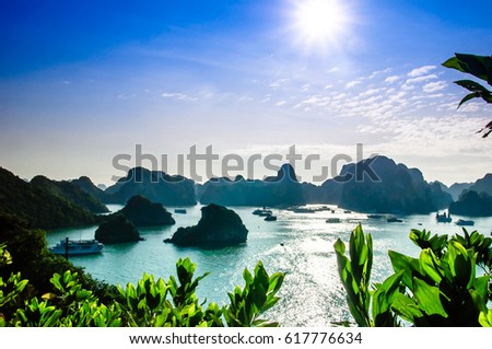 View on limestone Islands by Halong bay in Vietnam