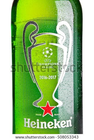LONDON,UK -NOVEMBER 01, 2016: Bottle of Heineken Lager Beer on white background. Champions league 2016-2017. Heineken is the flagship product of Heineken International