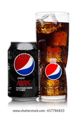 LONDON, UK - JUNE 9, 2017: Aluminium can and glass with ice cubes of Pepsi Cola MAX soft drink on white background.American multinational food and beverage company