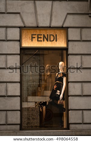 Milan, Italy - October 9, 2016: Shop window and entrance of a Fendi shop in Milan, Italy. Few days after Milan Fashion Week. Fall Winter 2017 Collection.