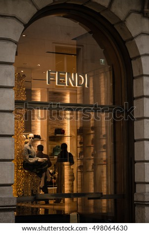 Milan, Italy - October 9, 2016: Shop window and entrance of a Fendi shop in Milan, Italy. Few days after Milan Fashion Week. Fall Winter 2017 Collection.