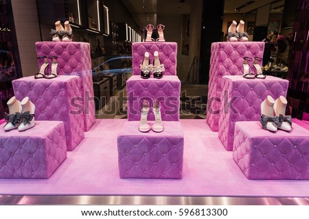Milan, Italy - February 28, 2017: Shop window of a Gucci shop in Milan - Montenapoleone area, Italy. Few days after Milan Fashion Week. Gucci Shoes Spring Summer 2017 Collection.