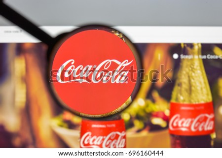 Milan, Italy - August 10, 2017: Coca cola website homepage. It is is a carbonated soft drink produced by The Coca-Cola Company. Cola logo visible.