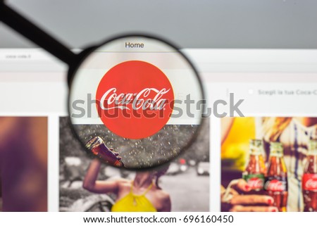 Milan, Italy - August 10, 2017: Coca cola website homepage. It is is a carbonated soft drink produced by The Coca-Cola Company. Cola logo visible.