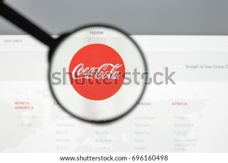 Milan, Italy - August 10, 2017: Coca cola website homepage. It is is a carbonated soft drink produced by The Coca-Cola Company. Cola logo visible.
