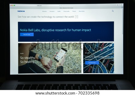 Milan, Italy - August 10, 2017: Nokia website homepage. It is a Finnish multinational communications, information technology and consumer electronics company. Nokia logo visible.
