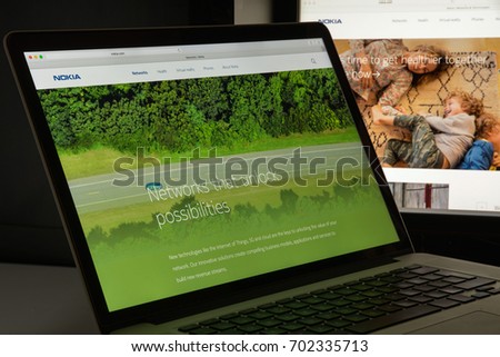 Milan, Italy - August 10, 2017: Nokia website homepage. It is a Finnish multinational communications, information technology and consumer electronics company. Nokia logo visible.