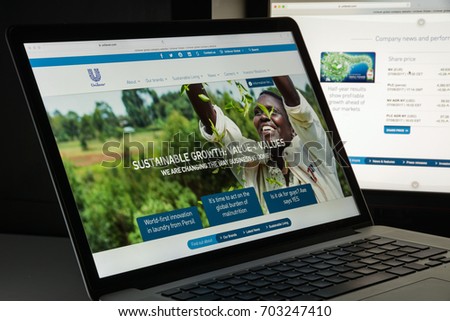 Milan, Italy - August 10, 2017: Unilever website homepage. It is a Dutch-British transnational consumer goods company. Unilever logo visible.