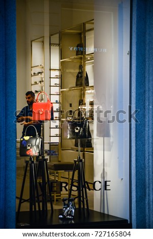 Milan, Italy - September 24, 2017: Versace store in Milan. Fashion week Versace shopping