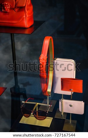 Milan, Italy - September 24, 2017: Versace store in Milan. Fashion week Versace shopping