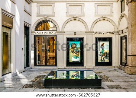 Milan, ITALY - OCTOBER 16, 2016 : Louis Vuitton store at via Monte Napoleone street in Milan, Italy. Louis Vuitton is a French fashion house, one of the world's leading international fashion houses.