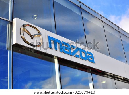 MOSCOW, RUSSIA - OCTOBER 10, 2015: Logotype of Mazda corporation on October 10, 2015. Mazda is the Japanese automotive manufacturer.