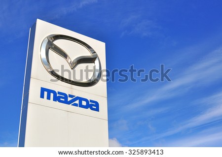 MOSCOW, RUSSIA - OCTOBER 10, 2015: Logotype of Mazda corporation on October 10, 2015. Mazda is the Japanese automotive manufacturer.