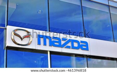 MOSCOW, RUSSIA - OCTOBER 10, 2015: Logo of Mazda corporation on October 10, 2015. Mazda is a world-famous Japanese automotive manufacturer.