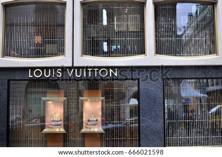 GENEVA, SWITZERLAND - SEPTEMBER 3, 2015: Facade of Louis Vuitton store in the shopping street of Geneva on September 3, 2015. Louis Vuitton is a world famous fashion brand founded in France.