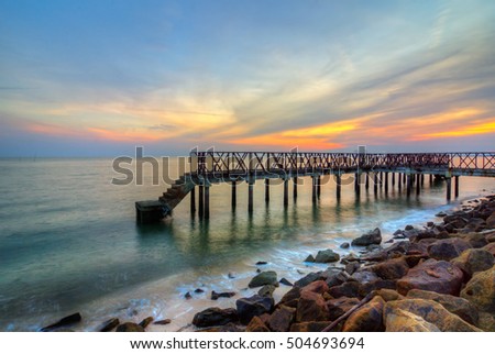 Sunset Over Sea Pier On Foreground Stock Photo 105983024 ...