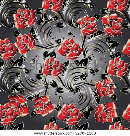 Roses seamless pattern background wallpaper with vintage decorative red 3d flowers, leaves and elegance luxury ornaments. Vector flowery endless red roses fabric pattern texture.