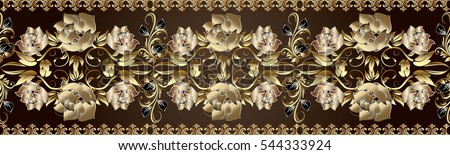 Golden roses seamless border. Vector floral pattern background wallpaper with vintage decorative gold 3d flowers, leaves and antique ornaments. Endless elegant rich texture.