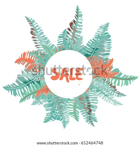 Summer sale. Tropical leaves background. Vector illustration of orange, yellow and red leaves on white background