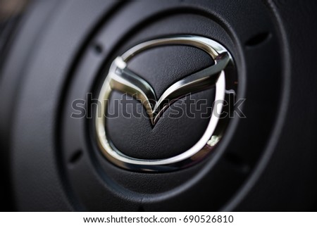 KYIV, UKRAINE - AUGUST 05, 2017: Logo of Mazda car August 05, 2017 in Kiev, Ukraine.