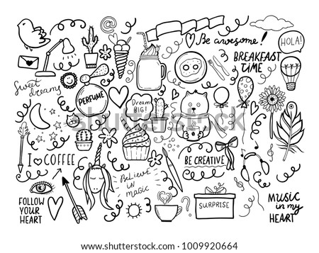 Set of handmade doodles with motivaton lettering. Vector outline illustartion, ideal fordesign of bullet journal, blog, web site etc.