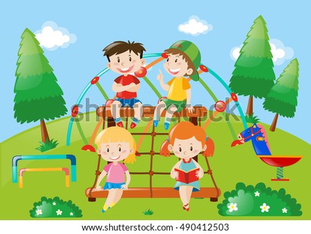 Four Kids Playing In Playground Illustration Four Kids Playing In Playground Illustration