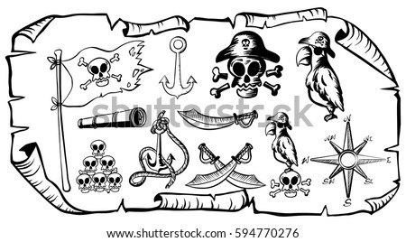 treasure map pirate symbols illustration stock vector 594770276