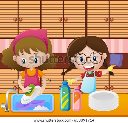 Girls Cleaning Dishes In Kitchen Illustration Girls Cleaning Dishes In Kitchen Illustration