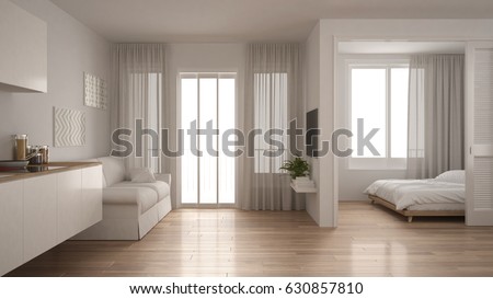 Small Apartment With Kitchen Living Room And Bedroom White Minimalist Interior Design 3d Small Apartment With Kitchen Living Room And Bedroom White Minimalist Interior Design 3d