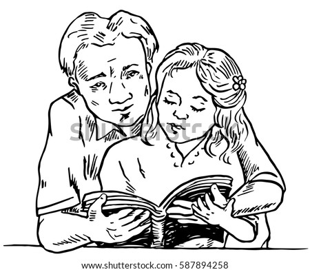 Father learning daughter to read, holding book together, hand drawn doodle, sketch in pop art style, vector illustration