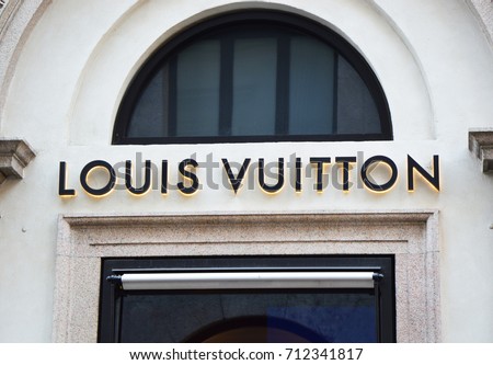 MILAN, ITALY - SEPTEMBER 7, 2017: Facade with sign of Louis Vuitton store in via Monte Napoleone, Milan, Italy