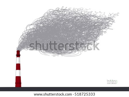 Smokestack on white background. Illustration of air pollution caused by fume from factory and plant pipe, tube, trunk. Colored hand drawn ink sketch in vector. Ecological collection.