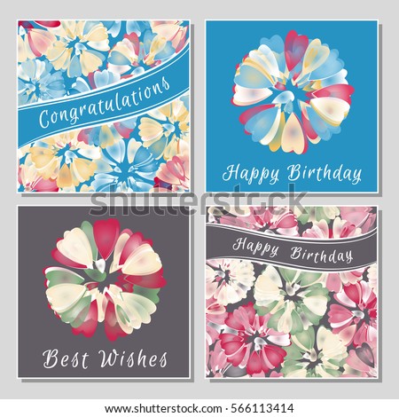 Set of floral greeting cards with exotic colorful flowers. Universal congratulation with Valentine's Day, Mother's Day, International Women's Day, birthday, anniversary, wedding.