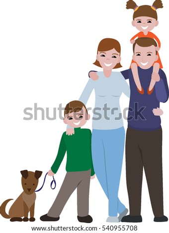 Happy family portrait. Family with a cheerful smile. Vector illustration. Father, mother , daughter, son , dog.